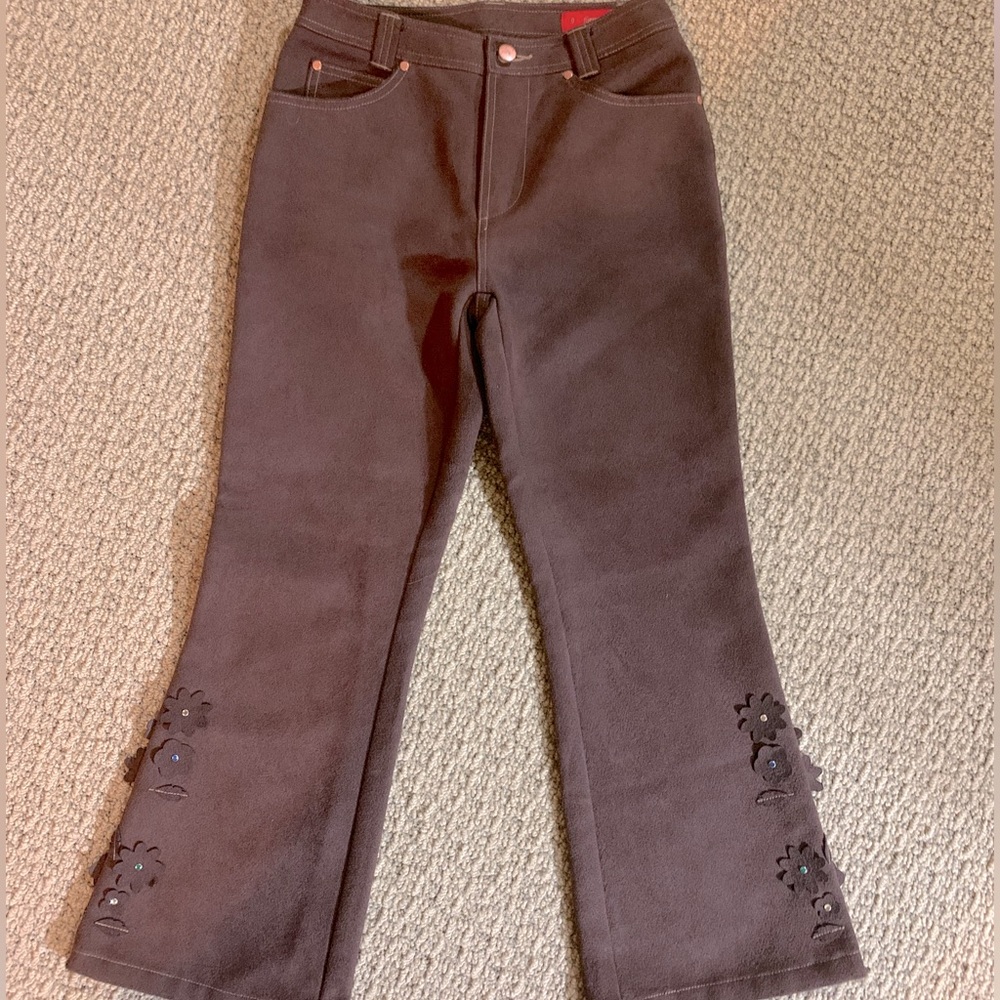 Fornari Denim Flared Brown Suede Pants with Flowers